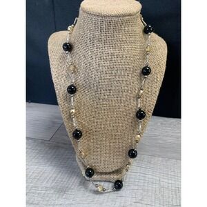 Vintage Black and Amber Glass Beaded Necklace Silver Tone Toggle Clasp 24 Inch